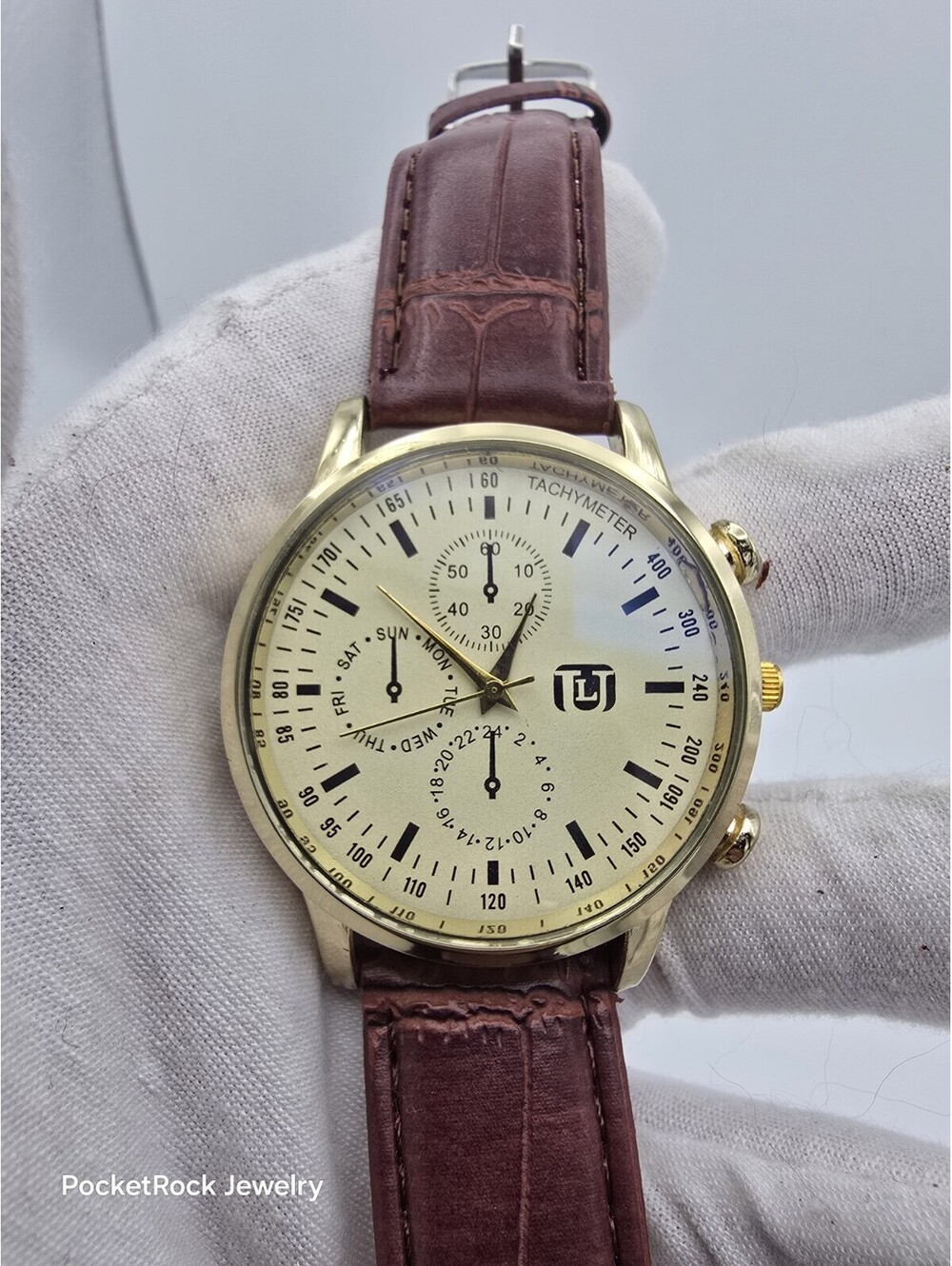 Gold Tone Mens Watch Cream Dial Tachymeter Multi Dial Brown Leather Quartz 42mm